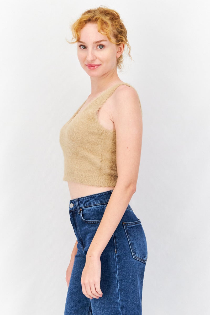 NA-KD Women U-Neck Sleeveless Fuzzy Knit  Tops, Dark Beige - Image 3