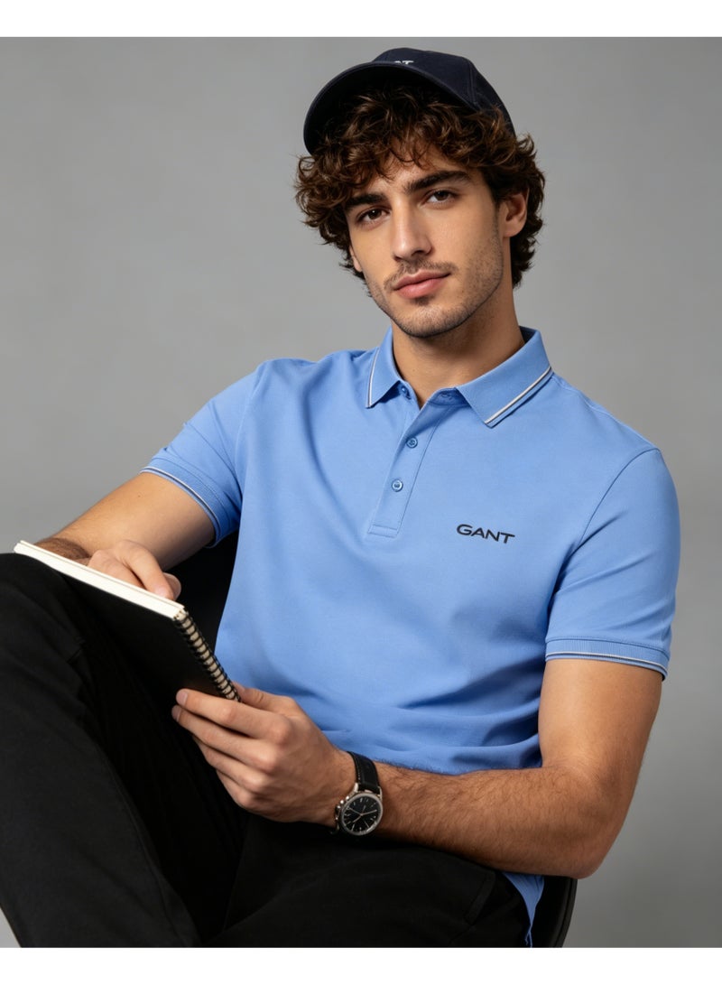 GANT Men Short Sleeve Striped Collar Polo Shirt Summer Cool Solid Sky Blue Casual Top - Image 3