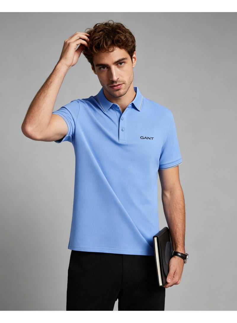 GANT Men Short Sleeve Striped Collar Polo Shirt Summer Cool Solid Sky Blue Casual Top - Image 4