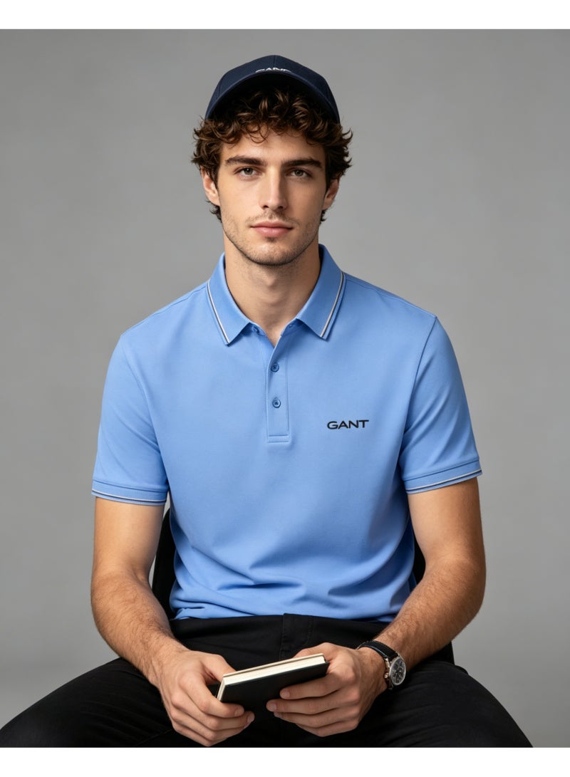 GANT Men Short Sleeve Striped Collar Polo Shirt Summer Cool Solid Sky Blue Casual Top - Image 1