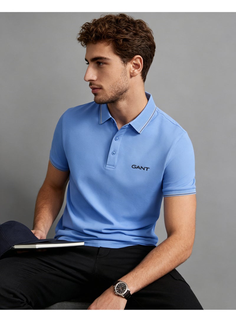 GANT Men Short Sleeve Striped Collar Polo Shirt Summer Cool Solid Sky Blue Casual Top - Image 2