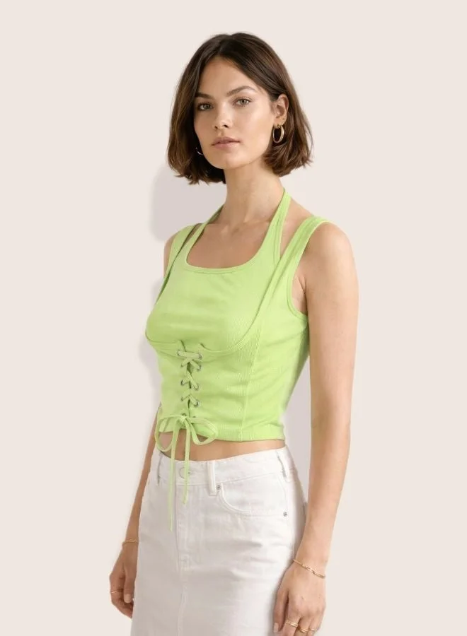 Women Regular Fit Solid Halter Neck Sleeveless Tank Top