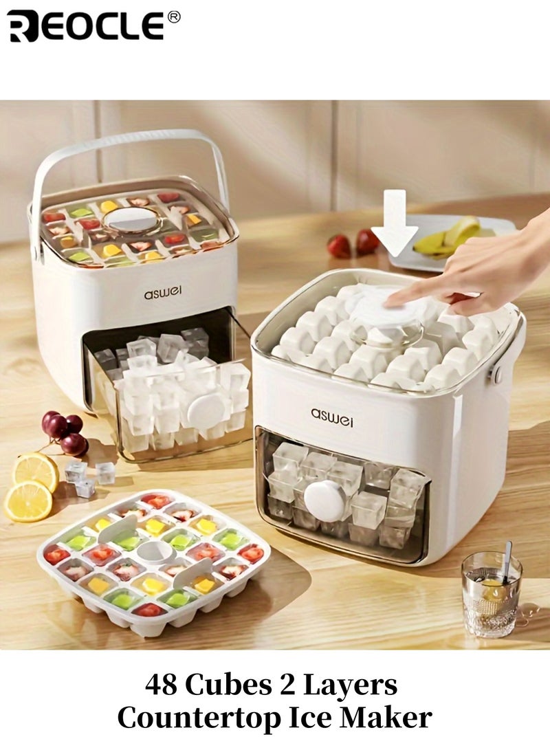 ريوكل صانعة ثلج مكونة من طبقتين بسعة 48 مكعبًا، توضع على الأسطح، مصنوعة من مواد آمنة للطعام، مزودة بحجرة شفافة لتخزين الثلج، وهيكل بلاستيكي مدمج، مثالية لتحضير المشروبات في المطبخ العصري للاستخدام في المنزل أو المكتب أو في الهواء الطلق - Image 1