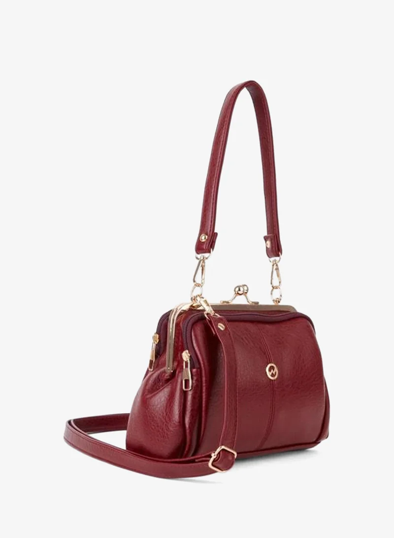 Women's Butterfly Burgundy Gold Accessorized 4-Compartment Clasp and Zipper Closure Hand, Arm, and Shoulder Bag.