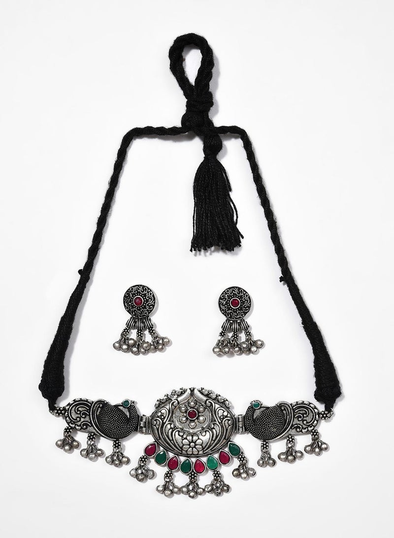 SOHI Stone-Studded & Beaded Oxidised Artificial Jewellery Set - Image 1