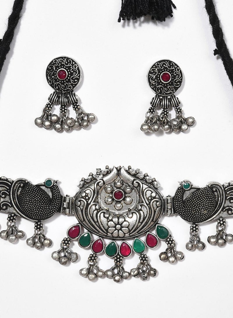 SOHI Stone-Studded & Beaded Oxidised Artificial Jewellery Set - Image 3
