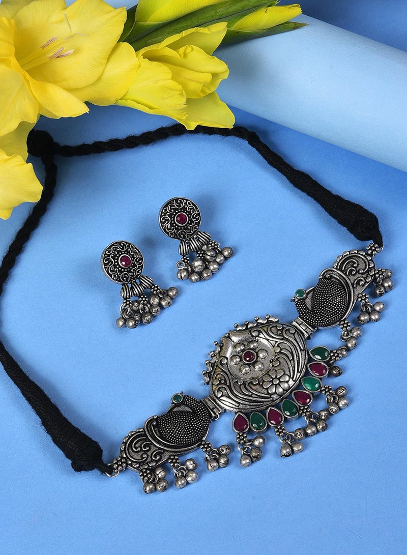 SOHI Stone-Studded & Beaded Oxidised Artificial Jewellery Set - Image 2