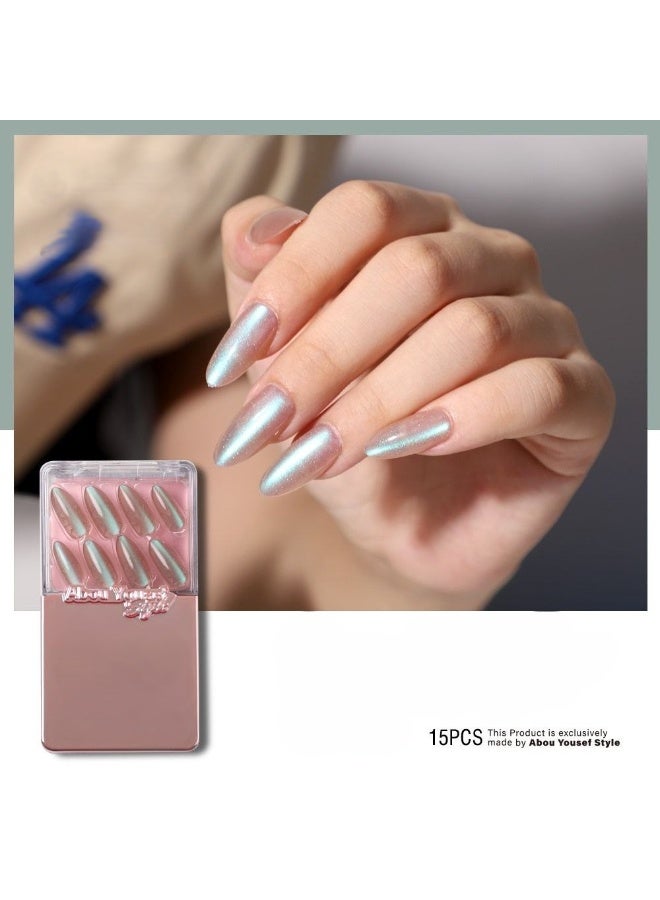 Premium artificial nail set with a pearl "Aurora" effect in metallic sky blue - 15 pieces