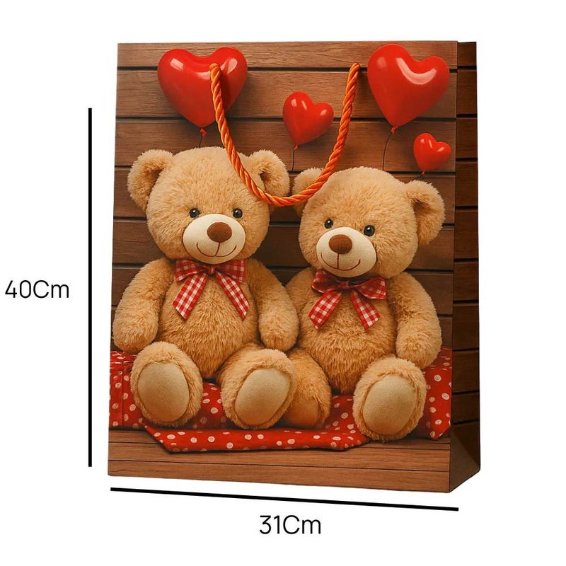 Two Teddy With Hearts Printed Kraft Paper Gift Bag With Twisted Rope Handle- 31X40cm