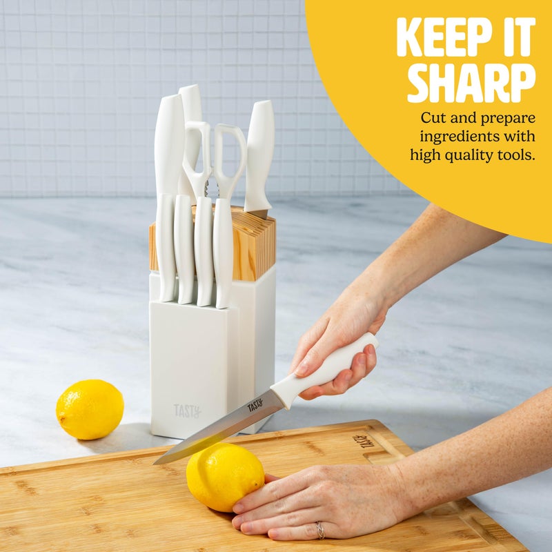 Tasty Kitchen Knife Set with Block, Cutlery Set includes Chef, Bread, Utility, Paring, Steak Knives & Shears, 10-Piece, White - Image 4