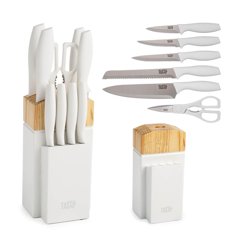 Tasty Kitchen Knife Set with Block, Cutlery Set includes Chef, Bread, Utility, Paring, Steak Knives & Shears, 10-Piece, White - Image 1