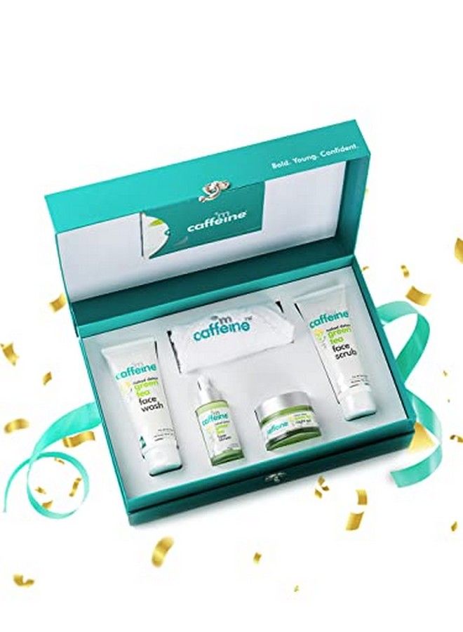 MCaffeine مجموعة هدايا للعناية بالبشرة بالشاي الأخضر للنساء والرجال؛ مجموعة للعناية بالوجه تحتوي على منتجات فيتامين سي للعناية بالوجه للحصول على بشرة متوهجة بشكل طبيعي؛ صندوق هدايا مثالي للجنسين لجميع المناسبات؛ عبوة هدايا مكونة من 4 قطع - Image 1