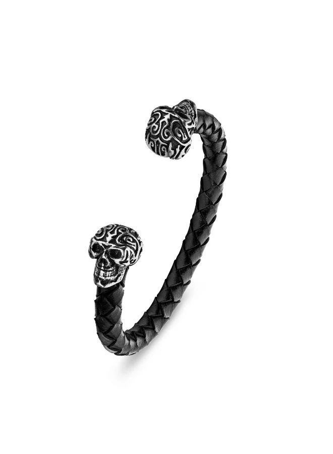 بوليس Black Leather Antique Silver Skull Design Bracelet for Men