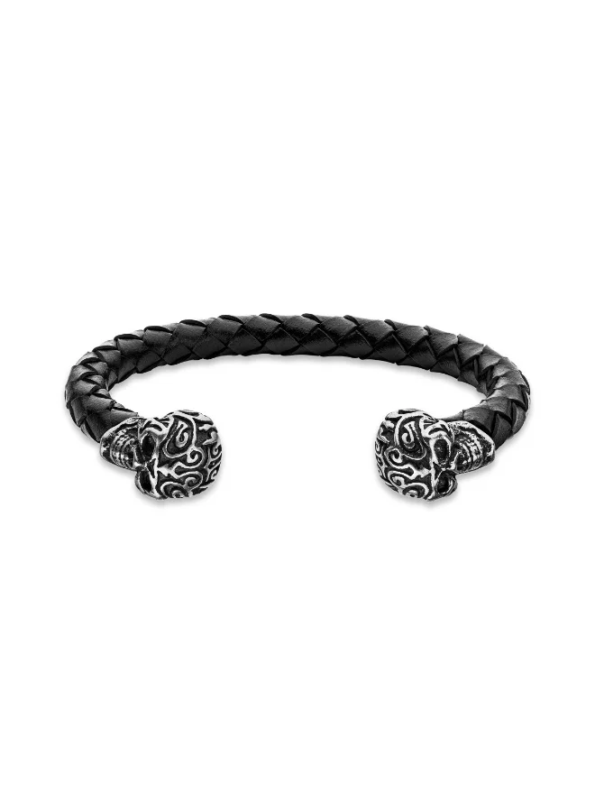 بوليس Black Leather Antique Silver Skull Design Bracelet for Men
