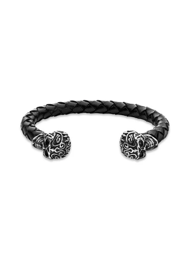 بوليس Black Leather Antique Silver Skull Design Bracelet for Men