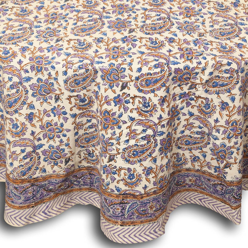 India Arts Hand Block Print Tablecloth Round 72 inch 100 Cotton Blue Brown Purple Floral Table Cloth for Kitchen Dining Linen Weddings Holiday Party Restaurant SummerFallWinter Home Decor