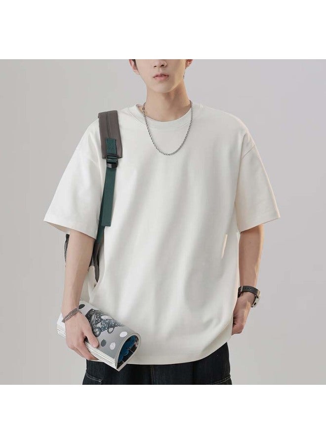 Homlean Loose Solid Color Short Sleeve T-shirt Men Spring Summer Pure Cotton Comfortable Basic Bottoming Inside Wear 5 White L - Image 1