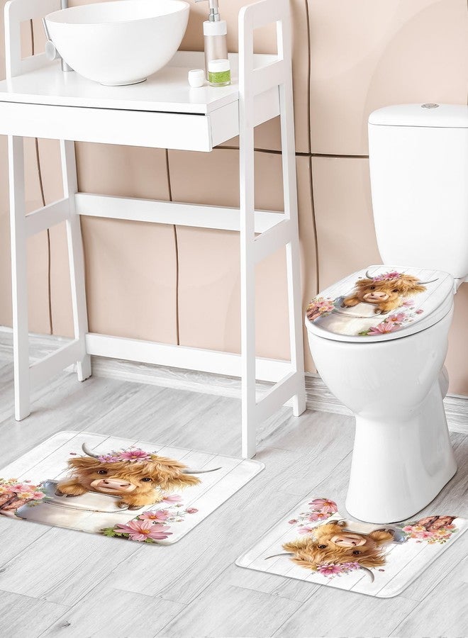 Riyidecor Funny Highland Cow 4Pcs Bathroom Shower Curtain Sets Pink Cute Daisy Floral Western Bathroom Decor Set with Rugs and Accessories Rustic Toilet Lid Rug, Contour and Bath Mat with 12 Hooks - Image 2
