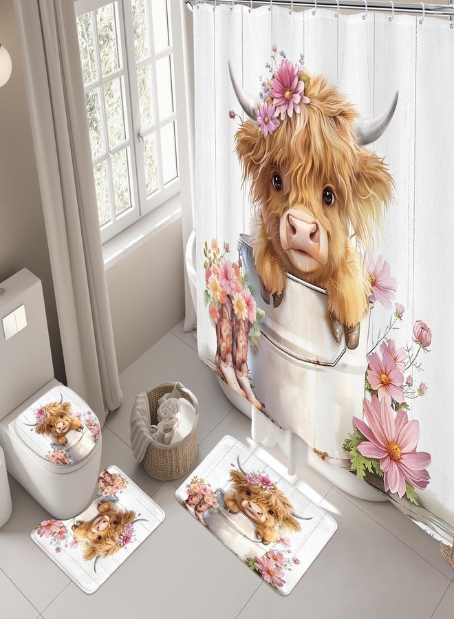 Riyidecor Funny Highland Cow 4Pcs Bathroom Shower Curtain Sets Pink Cute Daisy Floral Western Bathroom Decor Set with Rugs and Accessories Rustic Toilet Lid Rug, Contour and Bath Mat with 12 Hooks - Image 3