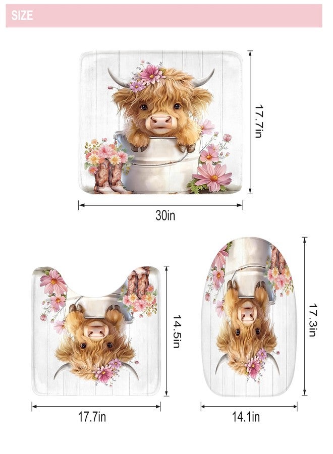 Riyidecor Funny Highland Cow 4Pcs Bathroom Shower Curtain Sets Pink Cute Daisy Floral Western Bathroom Decor Set with Rugs and Accessories Rustic Toilet Lid Rug, Contour and Bath Mat with 12 Hooks - Image 4