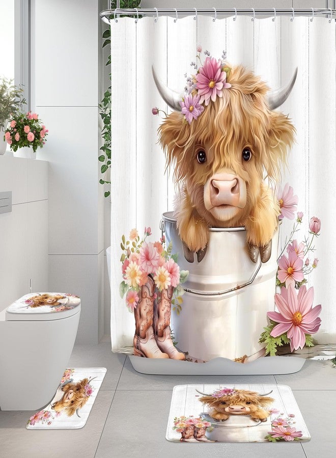 Riyidecor Funny Highland Cow 4Pcs Bathroom Shower Curtain Sets Pink Cute Daisy Floral Western Bathroom Decor Set with Rugs and Accessories Rustic Toilet Lid Rug, Contour and Bath Mat with 12 Hooks - Image 1
