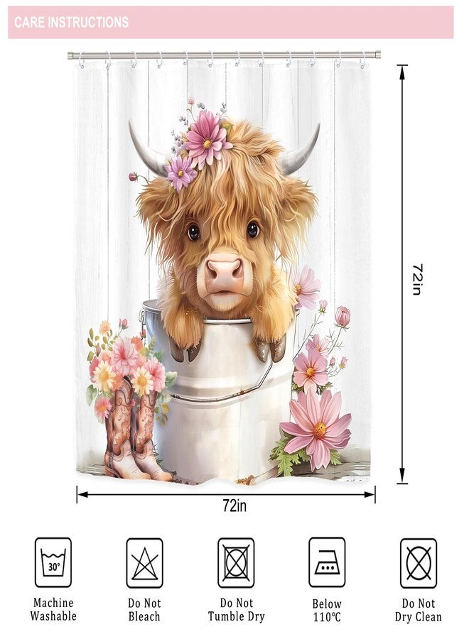 Riyidecor Funny Highland Cow 4Pcs Bathroom Shower Curtain Sets Pink Cute Daisy Floral Western Bathroom Decor Set with Rugs and Accessories Rustic Toilet Lid Rug, Contour and Bath Mat with 12 Hooks - Image 5