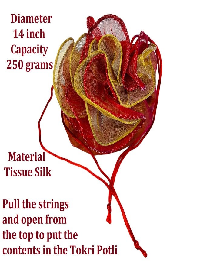 Moira 6pcs Tissue Silk Potli Tokri Drawstring Closure for Gifting, Jewellery Storage, Shagun (Small 14 inch, Red) - Image 2
