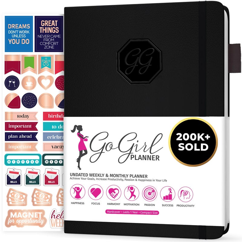 GoGirl Planner and Organizer for Women Compact Size Weekly Planner Goals Journal Agenda to Improve Time Management Productivity Live Happier Undated Start Anytime Lasts 1 Year Black