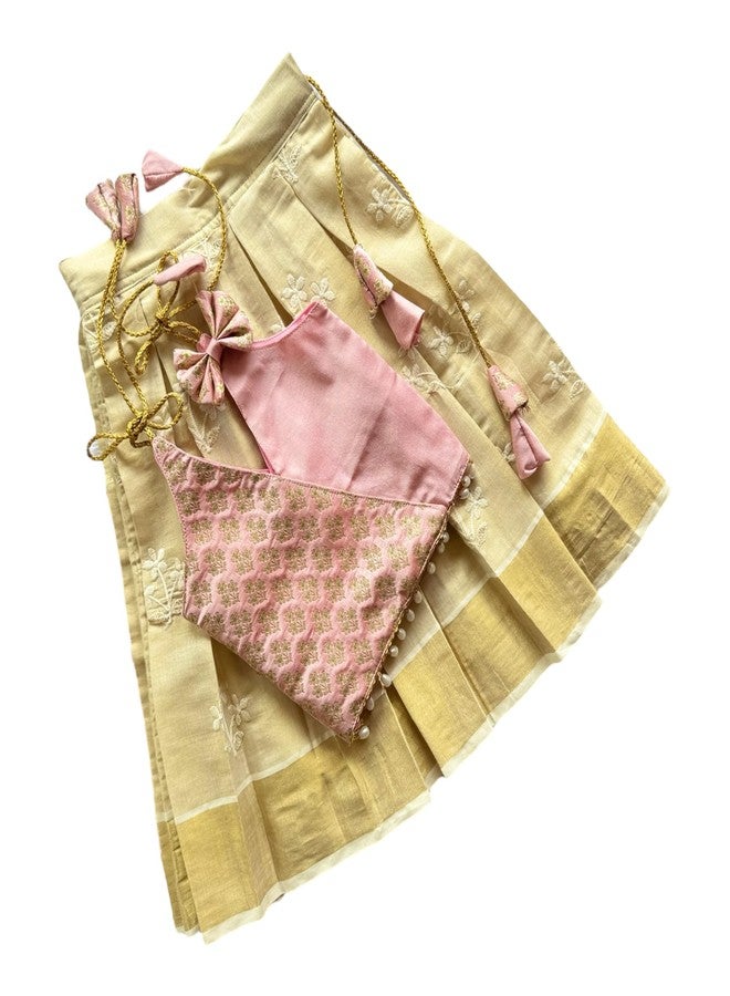 Picksparrow Baby Girl Pattu pavadai/Lehenga Choli/Traditional Ethnic Dress (Pink, Tissue Embroidered) (Pink, 1-2 Years) - Image 1