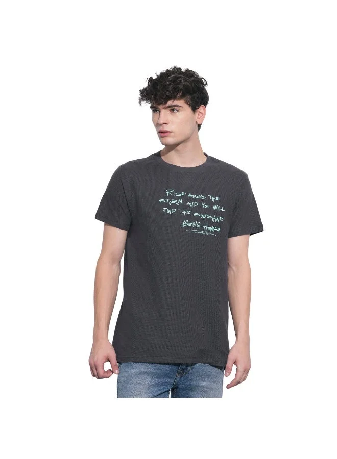 بيينغ هيومان Mens Charcoal Round Neck Short Sleeve T-Shirt