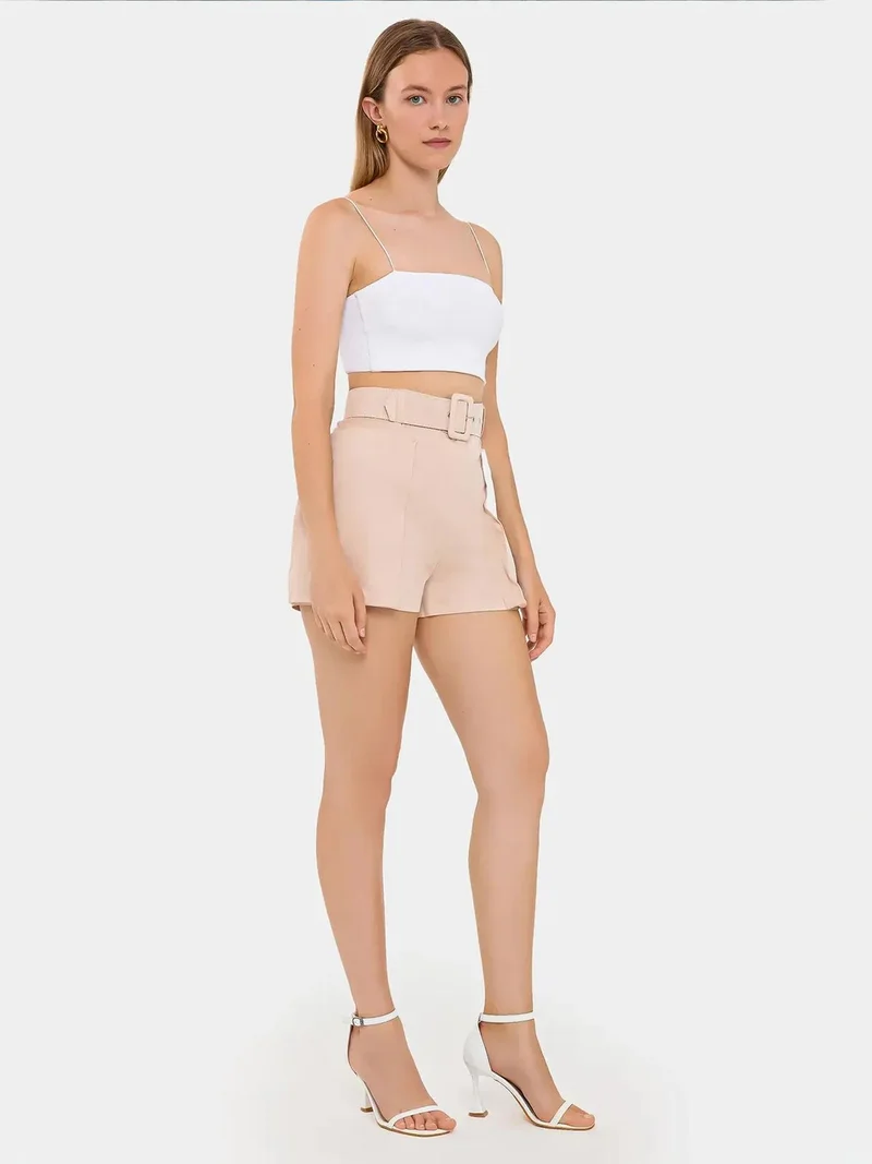 زوبعة شورت قطني بخصر عالٍ وجيب وتفاصيل حزام