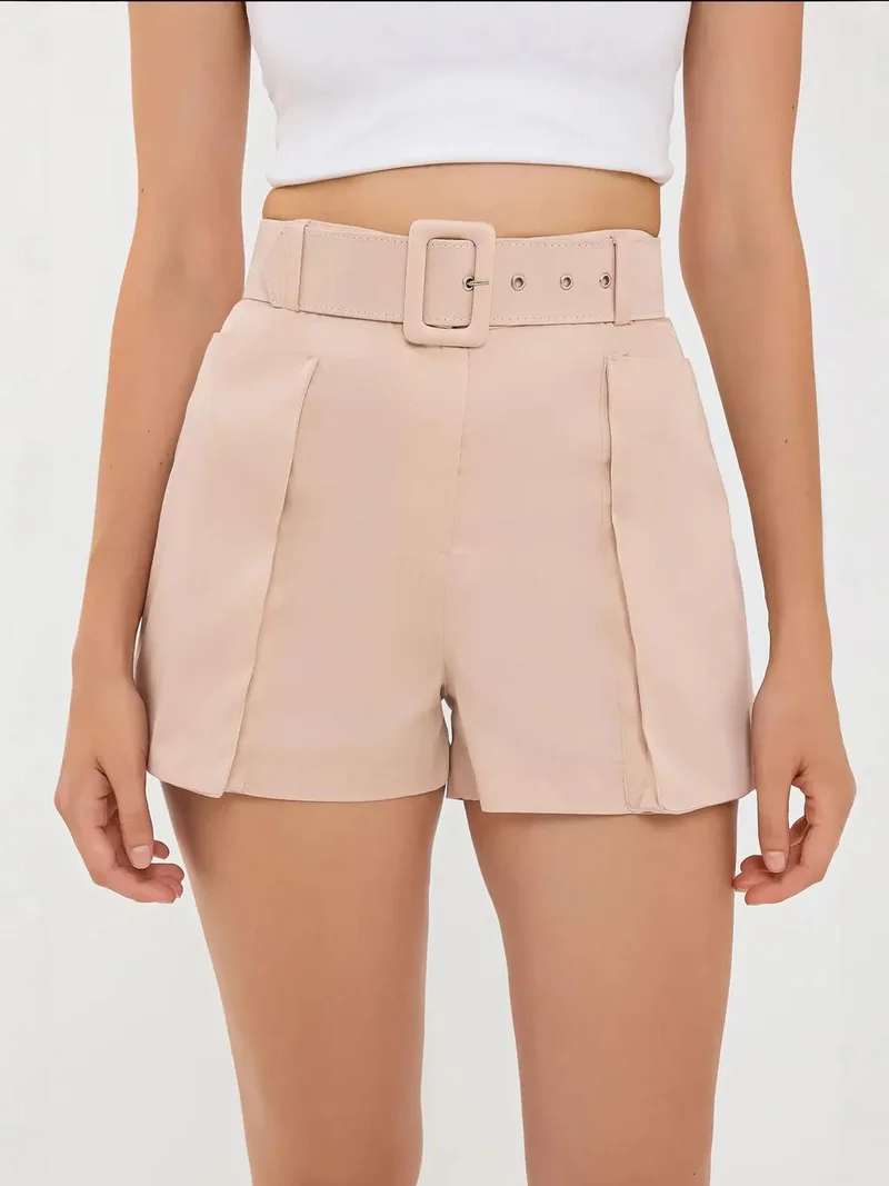 زوبعة شورت قطني بخصر عالٍ وجيب وتفاصيل حزام