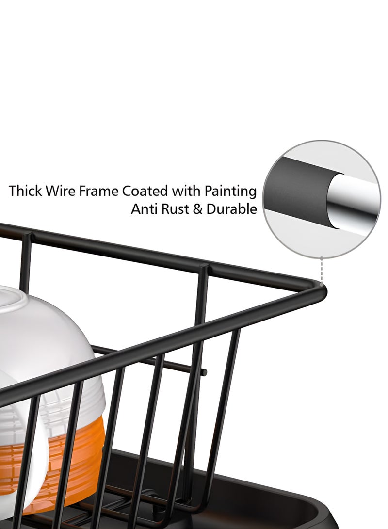 Toshionics Single Tier Dish Rack with Drain Tray & Utensil Holder T114611– Rust Resistant Iron Wire and Carbon Steel Dish Drainer, Space Saving Kitchen Organizer for Plates, Cups & Bowls – Black 43x31x14cm - Image 2