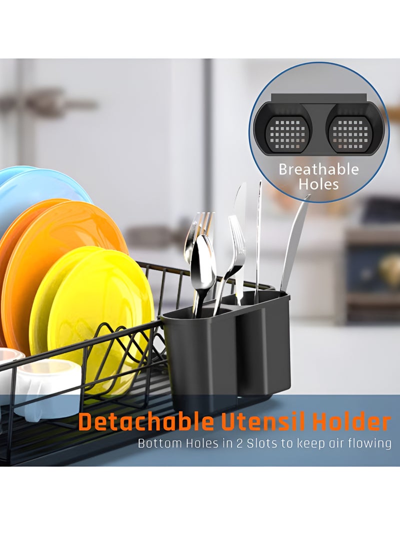 Toshionics Single Tier Dish Rack with Drain Tray & Utensil Holder T114611– Rust Resistant Iron Wire and Carbon Steel Dish Drainer, Space Saving Kitchen Organizer for Plates, Cups & Bowls – Black 43x31x14cm - Image 3