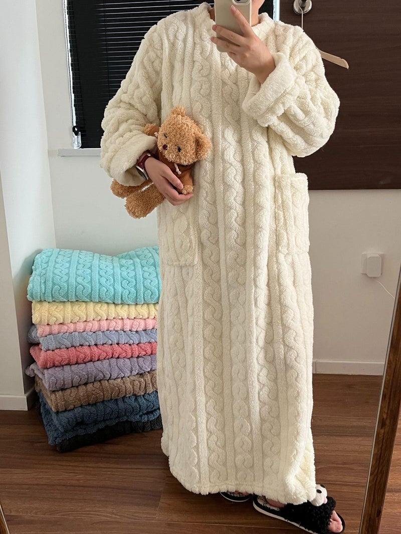 codcm Fleece Nightgown for Women Cozy Plush Long Sleeve Night Gowns Winter Warm Lounge Dress(White,Large) - Image 2
