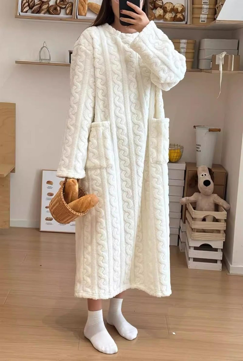 codcm Fleece Nightgown for Women Cozy Plush Long Sleeve Night Gowns Winter Warm Lounge Dress(White,Large) - Image 3