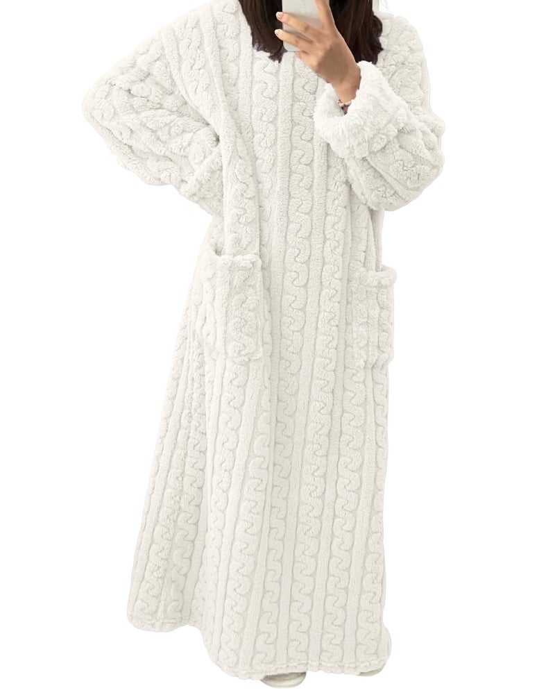 codcm Fleece Nightgown for Women Cozy Plush Long Sleeve Night Gowns Winter Warm Lounge Dress(White,Large) - Image 1