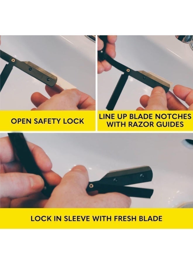OASIS-TH Professional Cut Straight Razor, Single Blade Barber Quality Moustache & Beard Shaving Razor Black, Stainless Steel Professional Barber Straight Edge Shavette Cut  Razor Straight Razor for Men - Premium Single Blade Cutthroat Razor (Black steel scraper + 20 blades + box) - Image 4