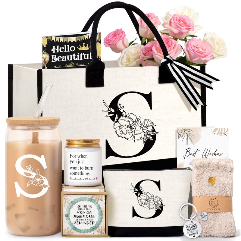 Lepiche Birthday Gifts for Women, Monogrammed Initial Gift for Teacher Wife Mom, Tote Bag,Glass Cup Gift Basket Personalized Christmas Mother's Teacher Appreciation Day,S - Image 1