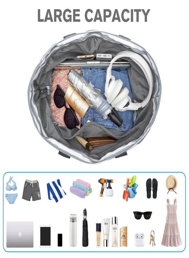 جي4فري حقيبة شاطئ G4Free، حقيبة حمل شاطئية مقاومة للماء والرمل، سعة كبيرة 50 لتر قابلة للطي للنساء، هدايا شخصية لها، مخططة باللون الرمادي - Image 3