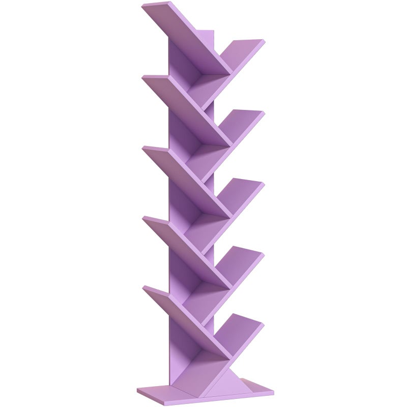 SHEEPAM 10 Tier Tree Book Shelf, Floor Standing Wood Bookshelf for Narrow Space, Storage Organizer Bookshelves for Books/CDs/Magazine, Bookcase with Shelves for Home Office, Living Room-Dream Purple - Image 1