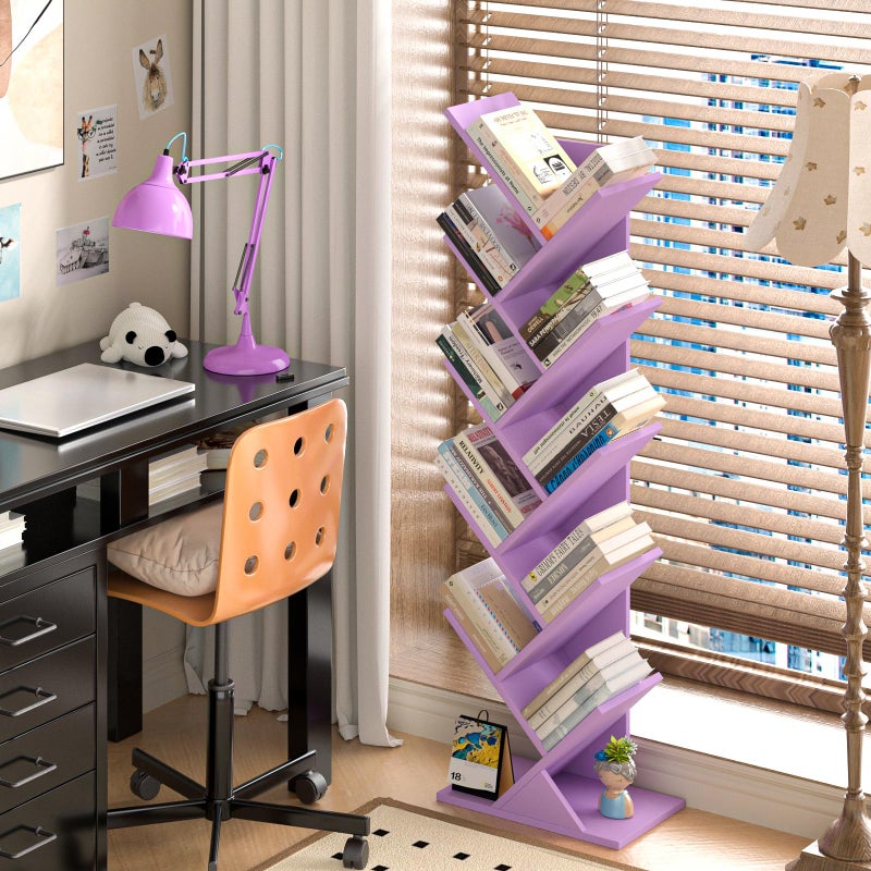 SHEEPAM 10 Tier Tree Book Shelf, Floor Standing Wood Bookshelf for Narrow Space, Storage Organizer Bookshelves for Books/CDs/Magazine, Bookcase with Shelves for Home Office, Living Room-Dream Purple - Image 5