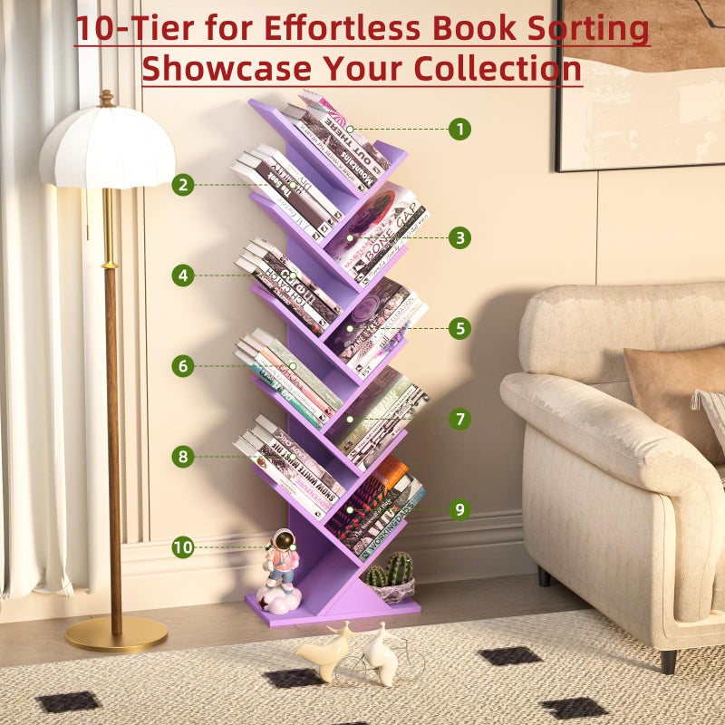 SHEEPAM 10 Tier Tree Book Shelf, Floor Standing Wood Bookshelf for Narrow Space, Storage Organizer Bookshelves for Books/CDs/Magazine, Bookcase with Shelves for Home Office, Living Room-Dream Purple - Image 2