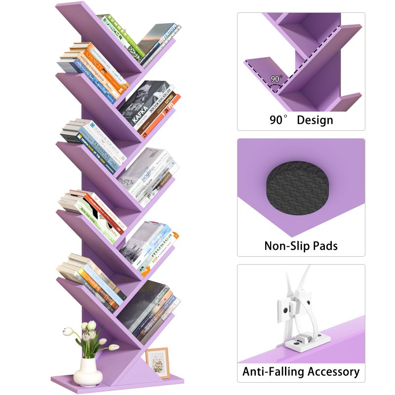 SHEEPAM 10 Tier Tree Book Shelf, Floor Standing Wood Bookshelf for Narrow Space, Storage Organizer Bookshelves for Books/CDs/Magazine, Bookcase with Shelves for Home Office, Living Room-Dream Purple - Image 4