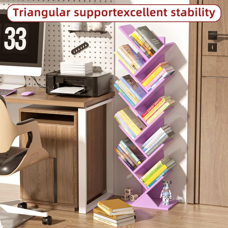 SHEEPAM 10 Tier Tree Book Shelf, Floor Standing Wood Bookshelf for Narrow Space, Storage Organizer Bookshelves for Books/CDs/Magazine, Bookcase with Shelves for Home Office, Living Room-Dream Purple - Image 3