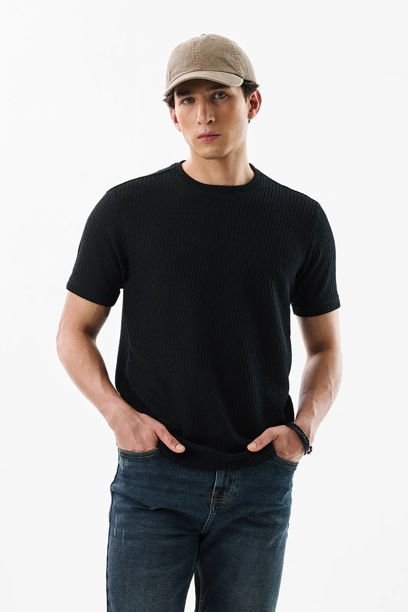 SNITCH Black Textured Short Sleeve Slim Fit T-Shirt