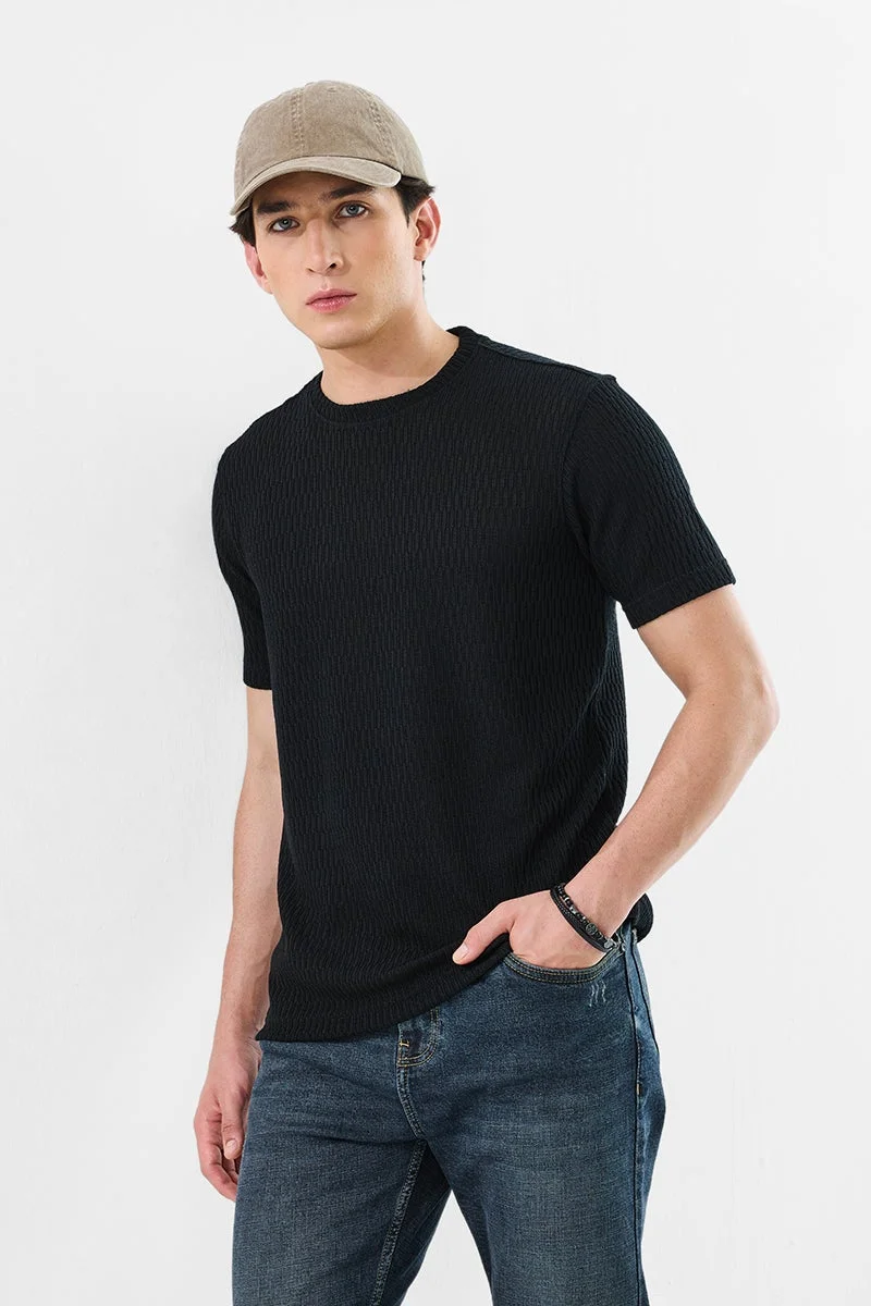 SNITCH Black Textured Short Sleeve Slim Fit T-Shirt