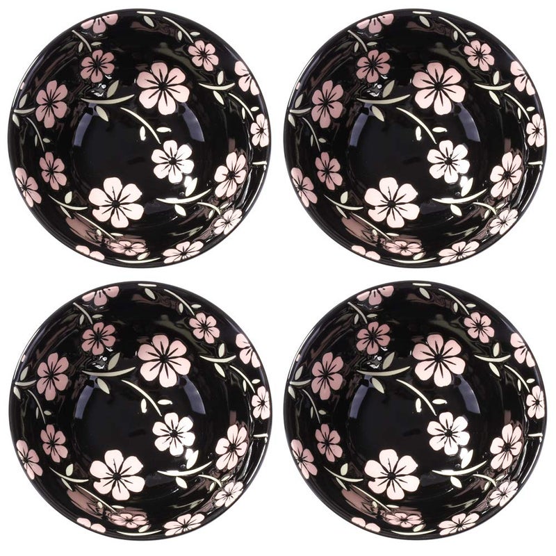 Whitenesser Japanese Style Rice Bowl Set of 4 Ceramic Cereal Bowls for Soup Snack Oat 4 Black Sakura