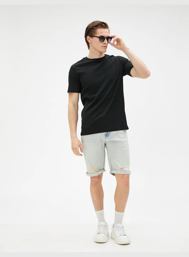 KOTON Bermuda Denim Shorts Folded Leg Cotton Pocket Detailed