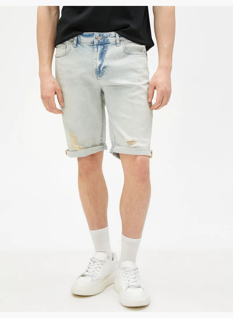 KOTON Bermuda Denim Shorts Folded Leg Cotton Pocket Detailed